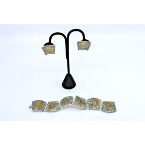 Vintage Silver 925 Copper Crushed Stone Inlay Panel Bracelet Earrings Set 51 gr